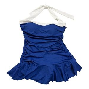 Blue Halter Swim Dress with White Trim – No Size Tag (See Measurements)